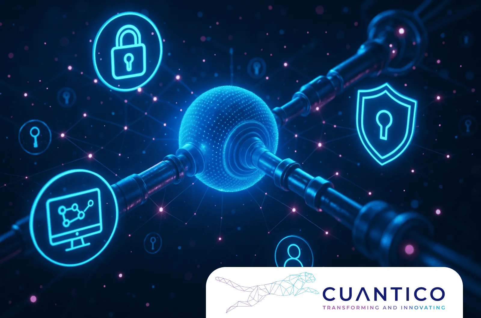 Esquema digital de seguridad con nodos protegidos, ilustrando cómo la tecnología cuántica y su impacto futuro redefinen la protección de datos.