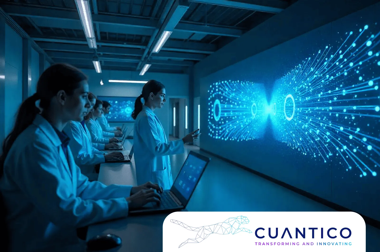Científicos explorando visualizaciones de datos dinámicos en un entorno digital, simbolizando la tecnología cuántica y su impacto futuro en el análisis.