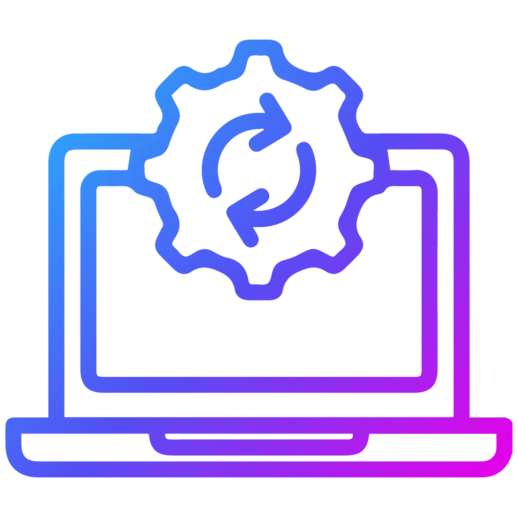 Ícono de laptop con engranaje de actualización, simbolizando la automatización y eficiencia operativa