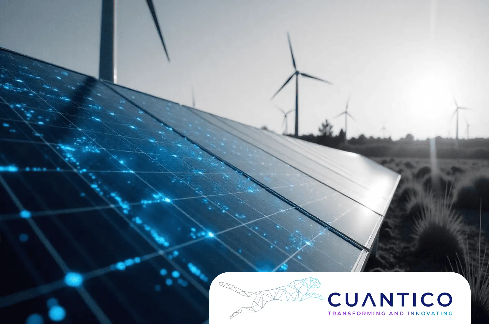 Paneles solares inteligentes con sobreposición de datos, reflejando el papel de la tecnología cuántica y su impacto futuro en la sostenibilidad energética.
