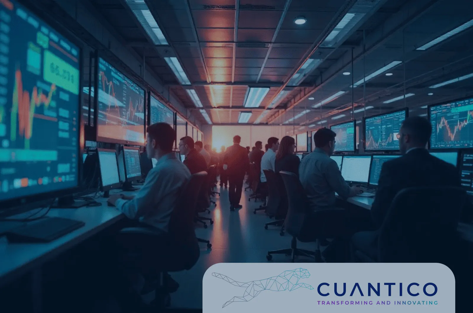 Equipo de analistas monitoreando datos en tiempo real en un centro de control, representando la tecnología cuántica y su impacto futuro en la gestión digital.