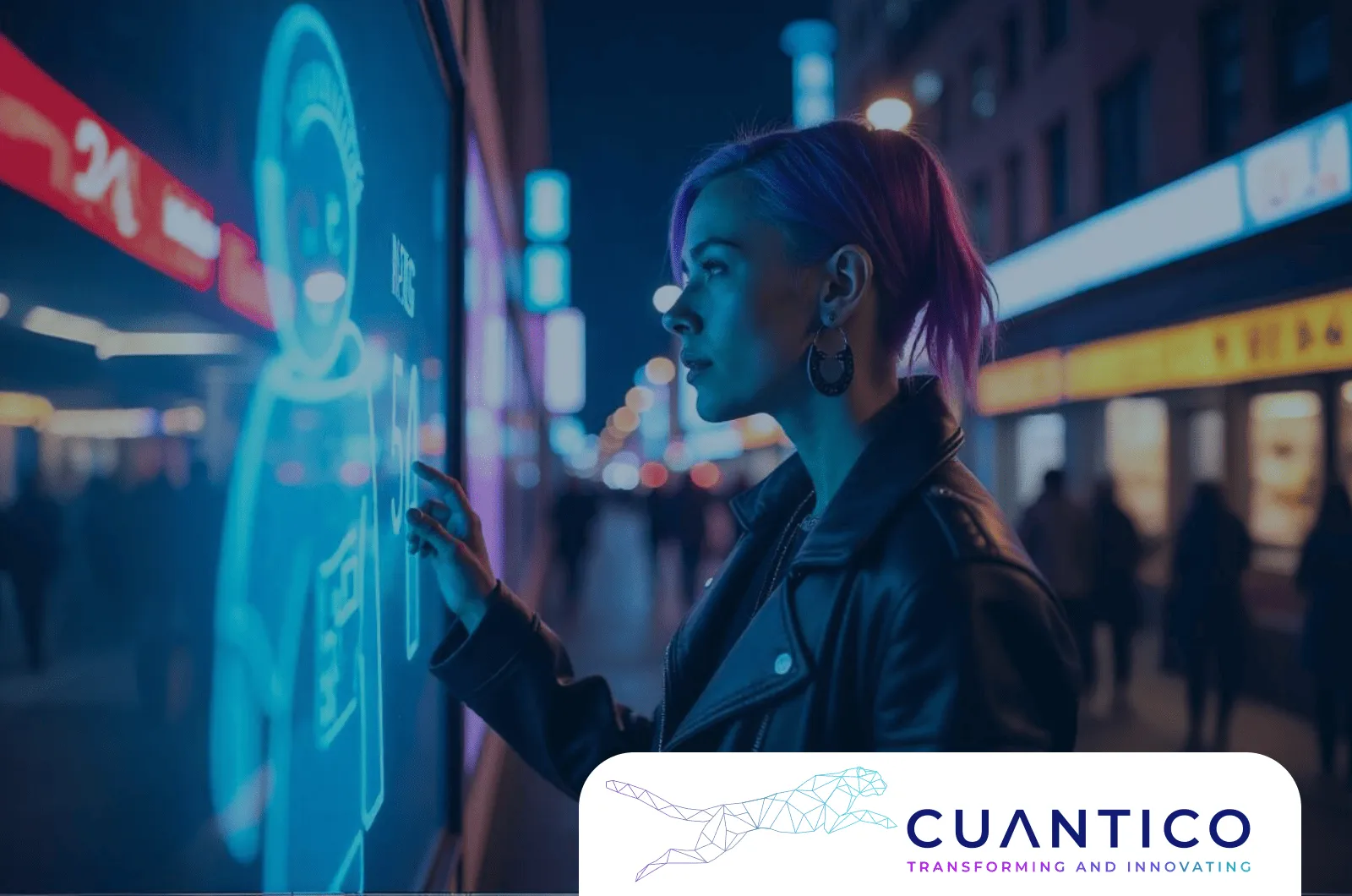 Joven interactuando con panel digital en ciudad inteligente mediante Machine Learning
