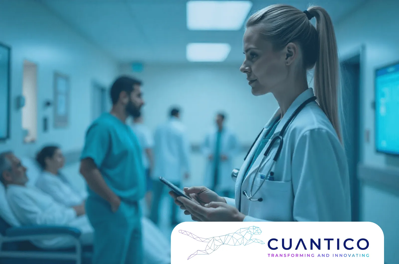 Doctora consultando datos clínicos con Machine Learning en hospital moderno