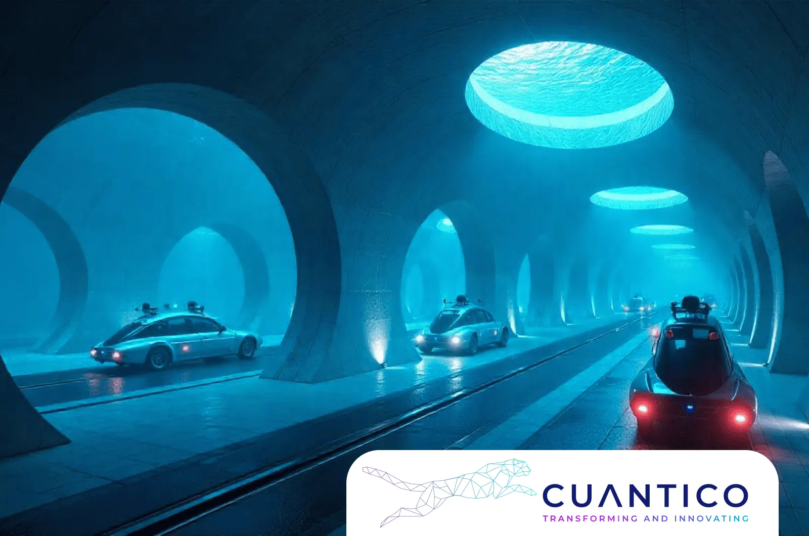 Autos autónomos en túnel futurista guiados por algoritmos de Machine Learning