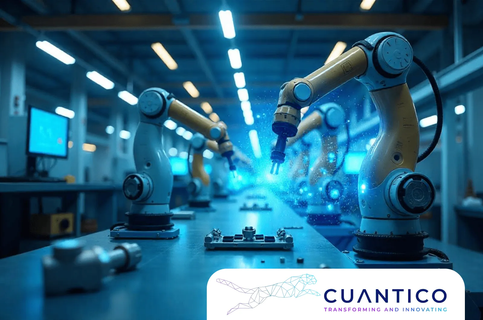 Brazos robóticos en línea de ensamblaje industrial con inteligencia Machine Learning