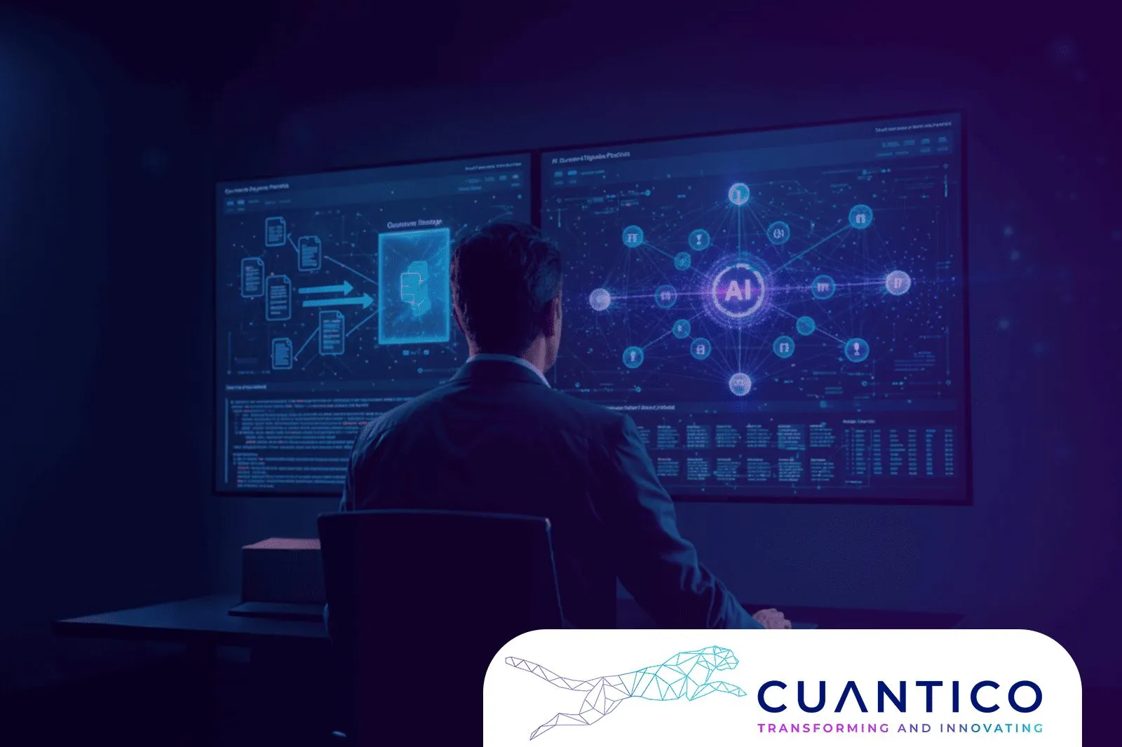 Estudio de inteligencia artificial cuántica: profesional viendo diagramas sobre la influencia de los números cuánticos en la optimización de algoritmos complejos.