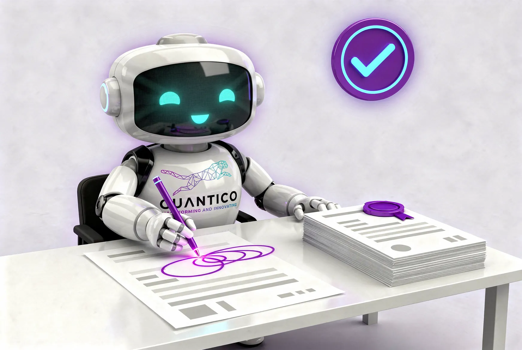 Ilustración del robot de CUANTICO junto a un acta con espacio para firmas