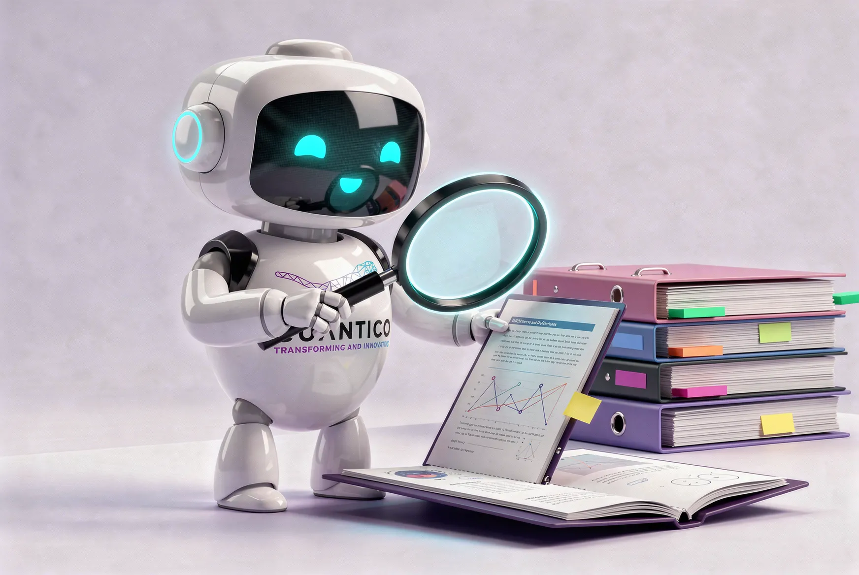 Ilustración del robot de CUANTICO que revisa un expediente con una lupa