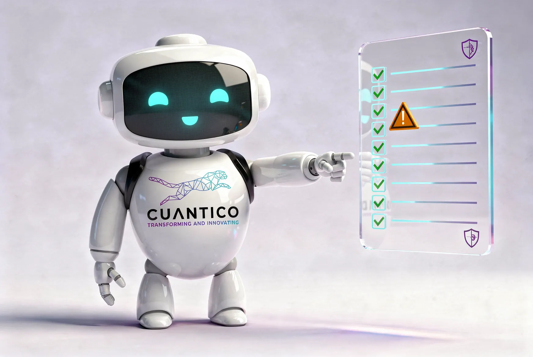 Ilustración del robot de CUANTICO frente a un tablero de controles con alertas