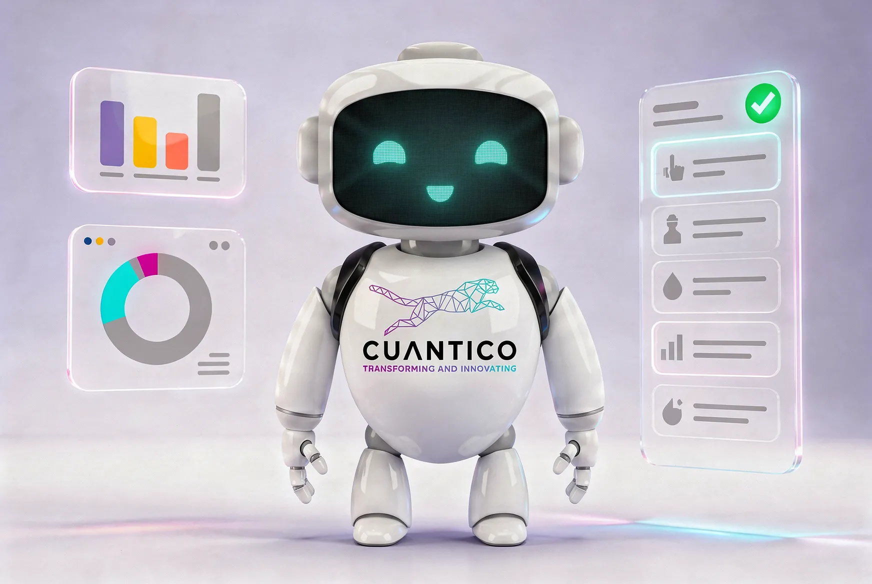 Ilustración del robot de CUANTICO que consulta paneles de un sistema empresarial