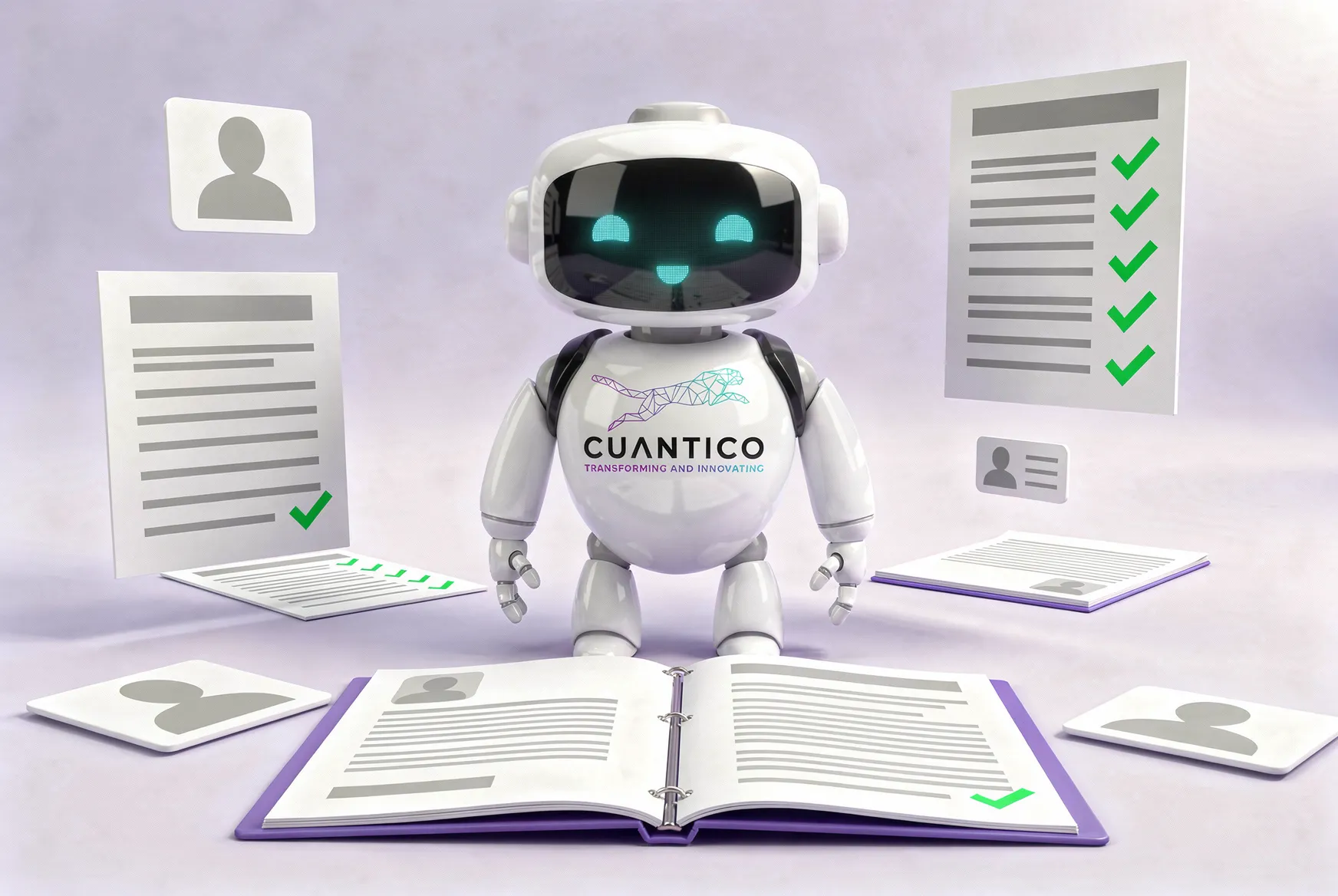 Ilustración del robot de CUANTICO frente a un expediente abierto con documentos verificados