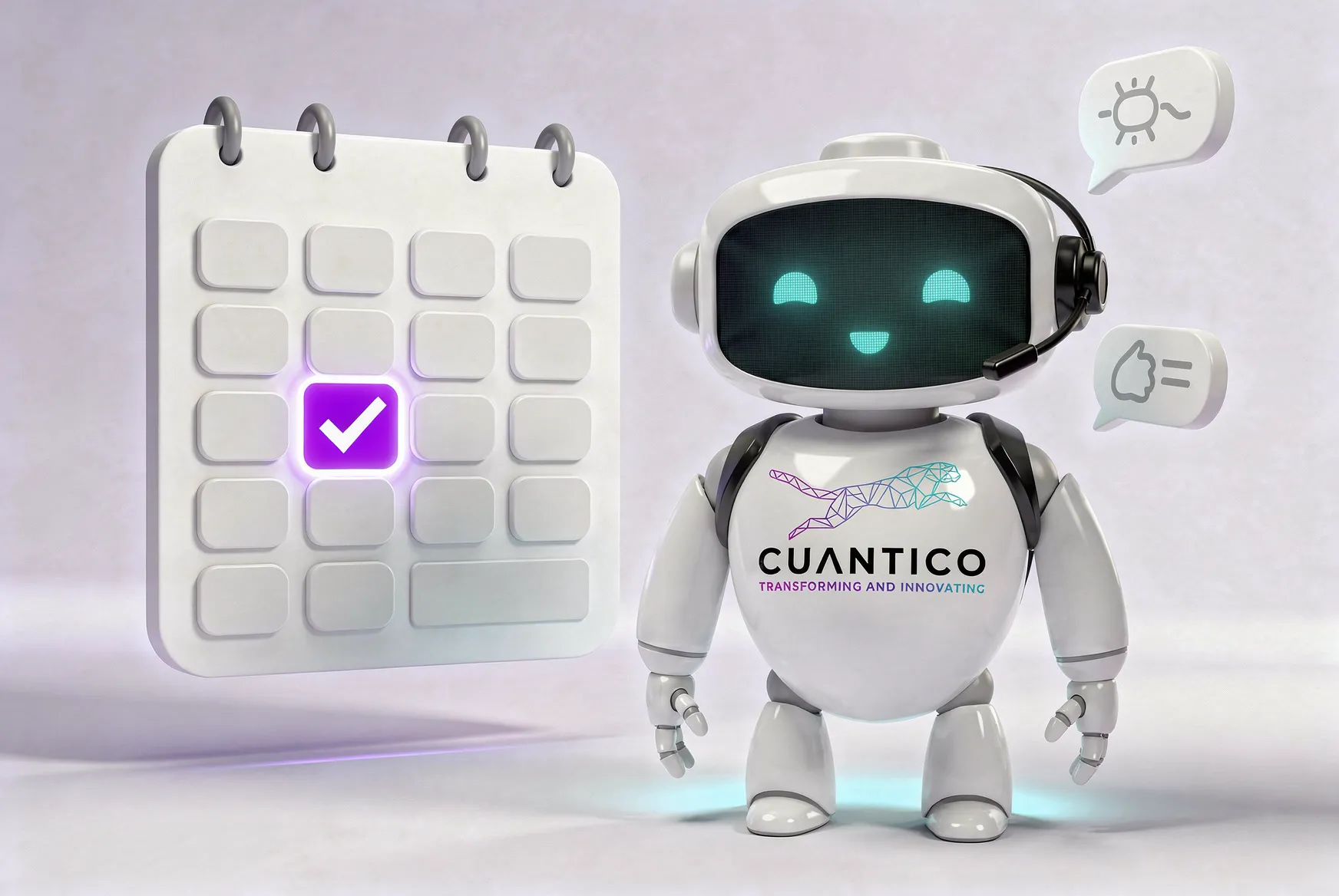 Ilustración del robot de CUANTICO junto a un calendario y una conversación con un prospecto