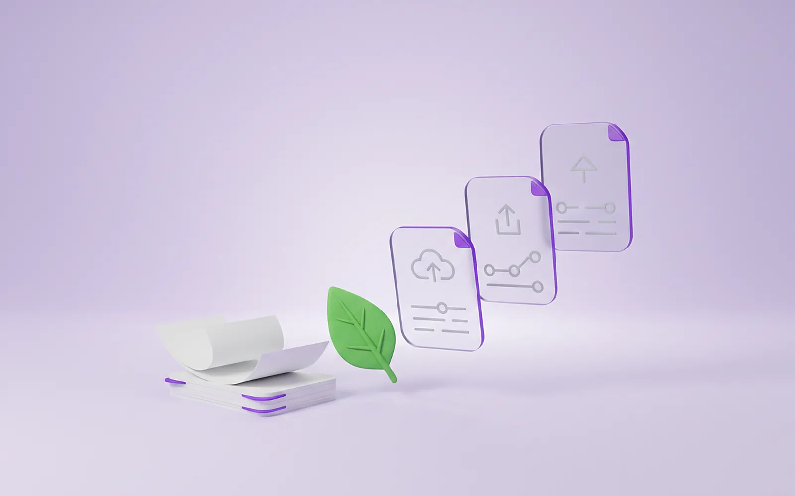 Hojas de papel que se convierten en archivos digitales junto a una hoja verde