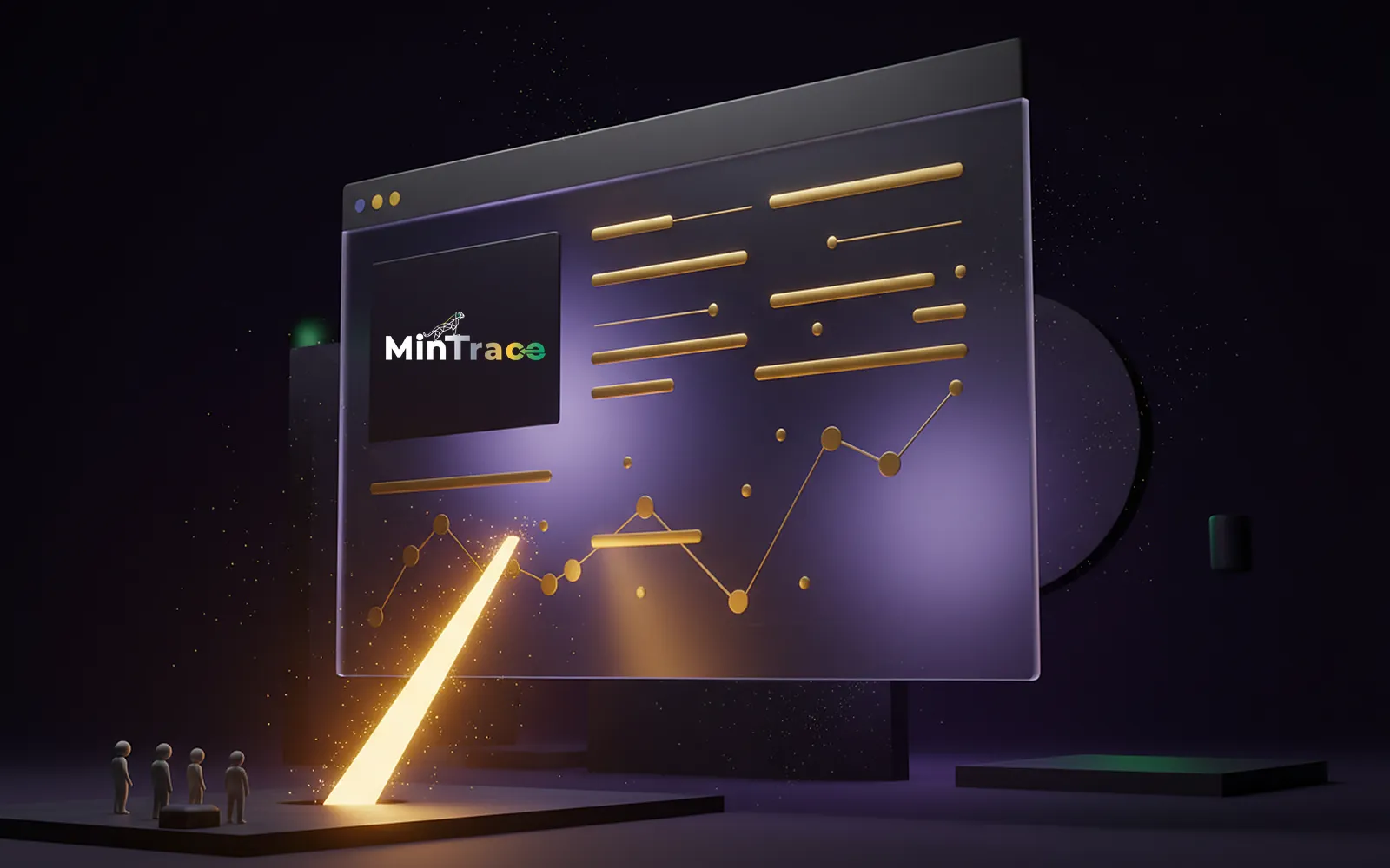 Ventana de navegador con el logo de MinTrace y un panel abstracto dorado, a la que llega un camino de luz