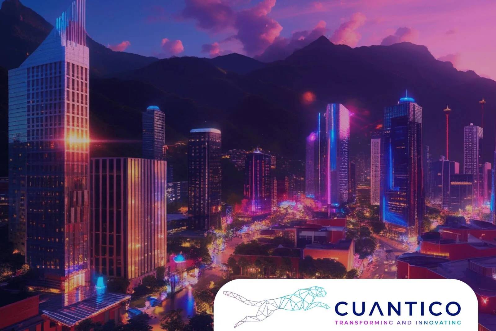 Ciudad inteligente iluminada con tecnología digital impulsada por CUANTICO