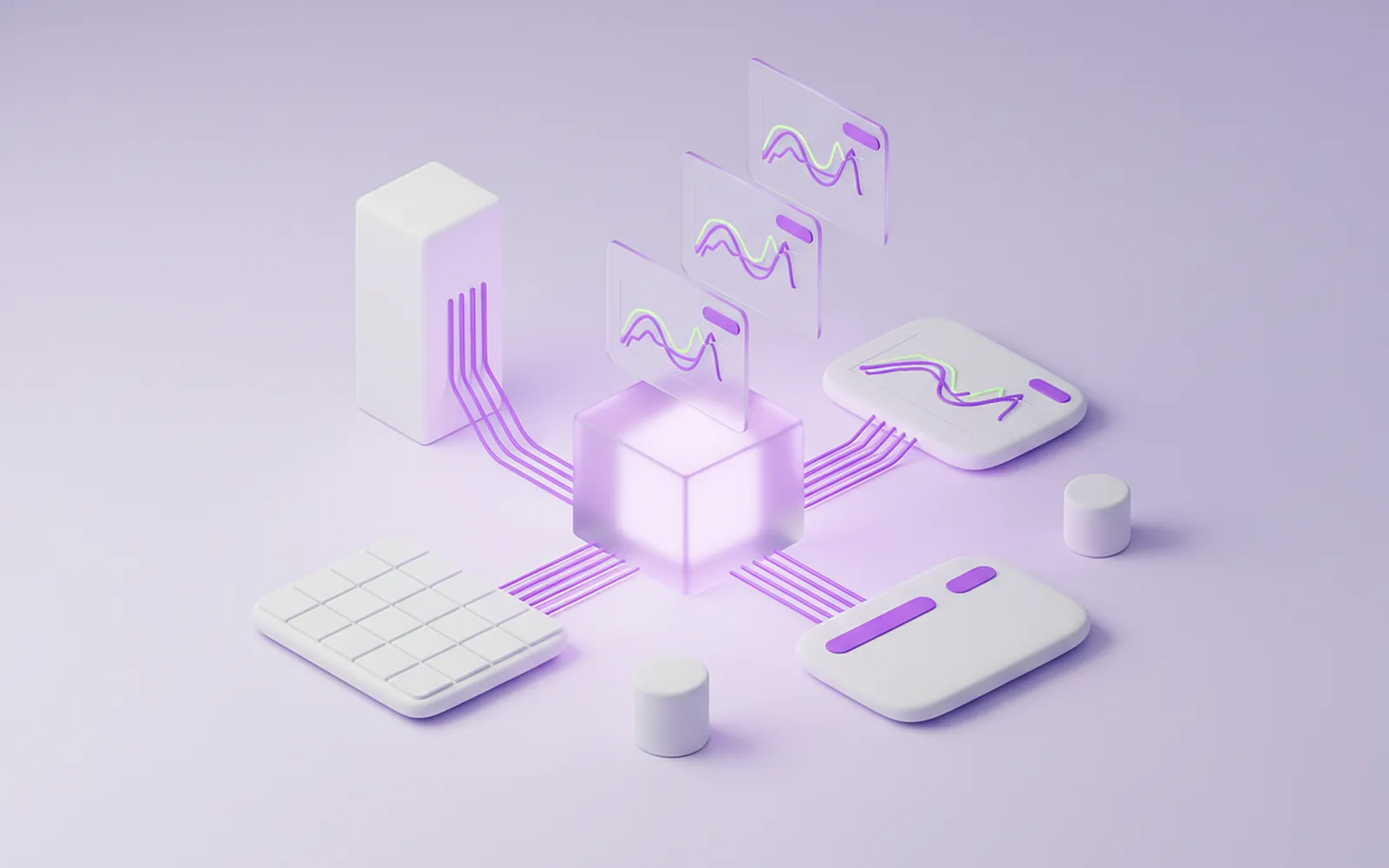 Sistemas de la empresa que envían sus datos a un cubo central de vidrio del que salen tableros
