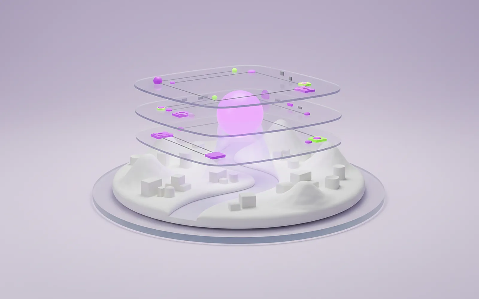 Maqueta de un territorio con capas de datos y un núcleo de inteligencia artificial que lo ilumina