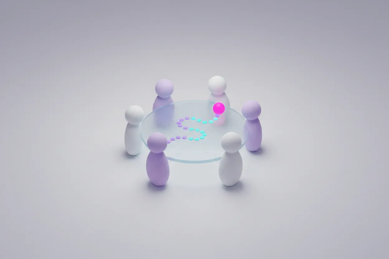 Equipo de figuras de arcilla alrededor de una mesa de trabajo con un diagrama luminoso