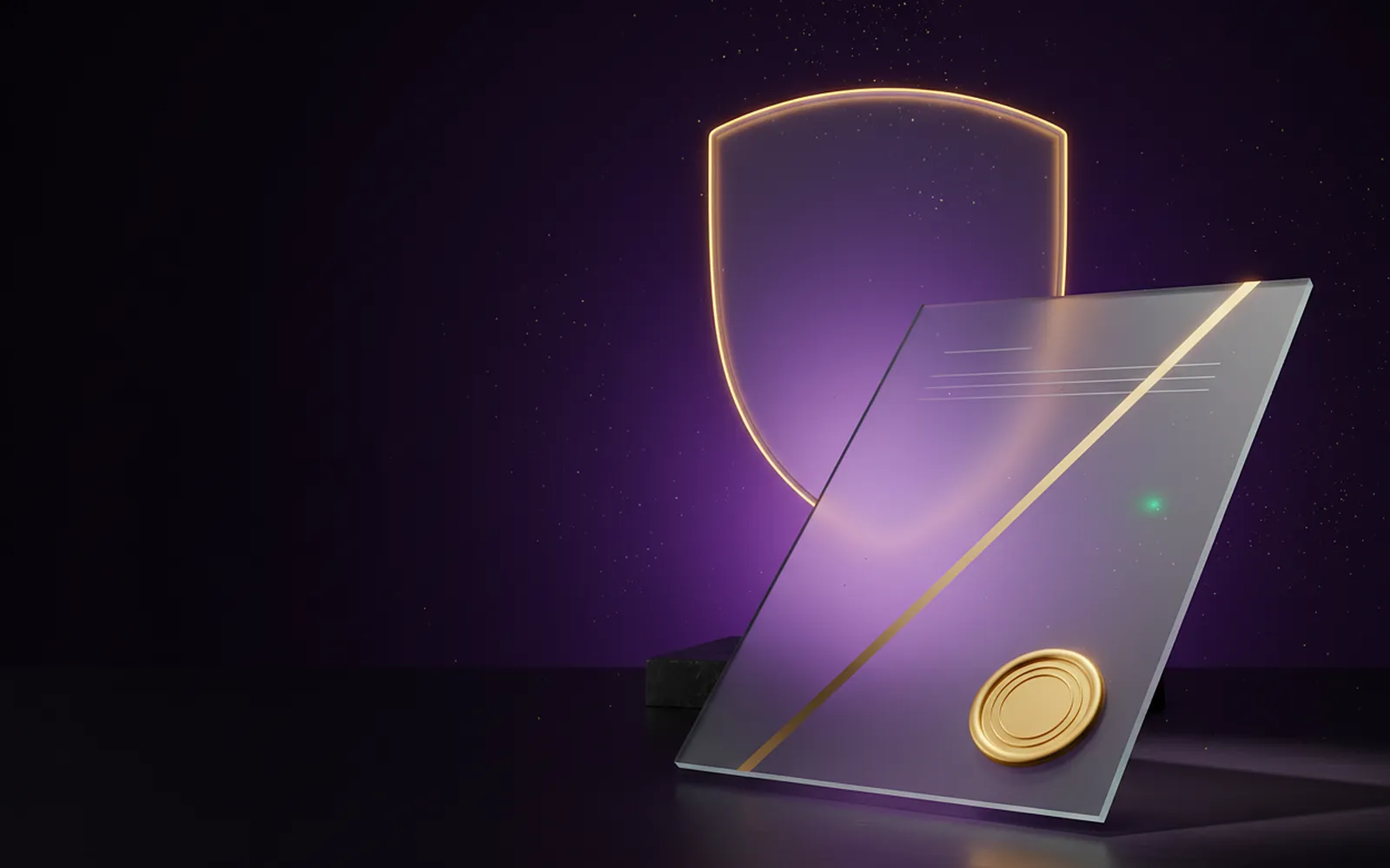 Documento de vidrio con un sello dorado y un escudo liso iluminado en dorado
