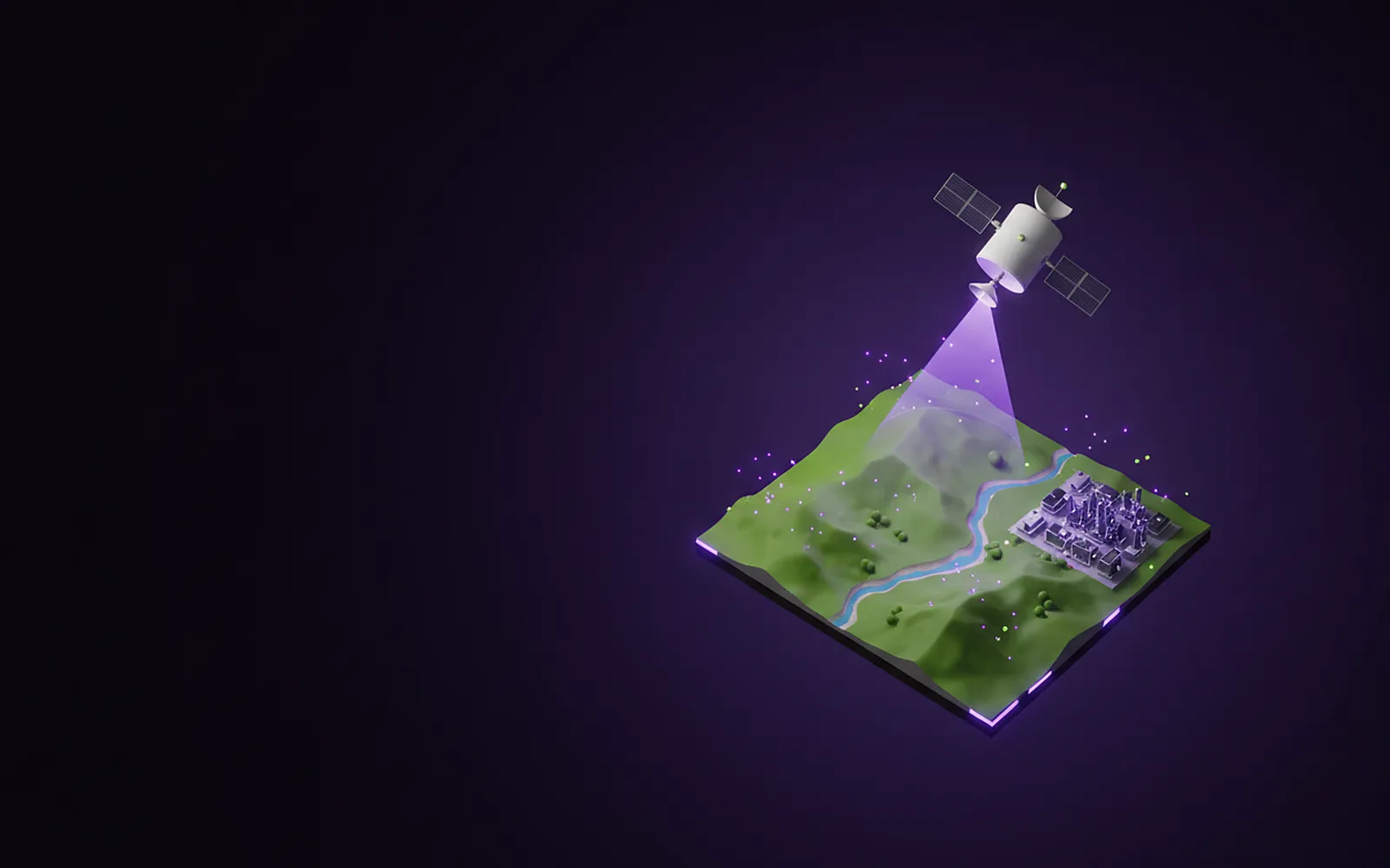 Satélite que observa un territorio con valles, un río y una ciudad