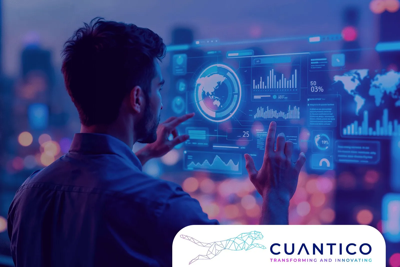 Profesional con visualización de datos globales, inteligencia artificial y modelos de negocio