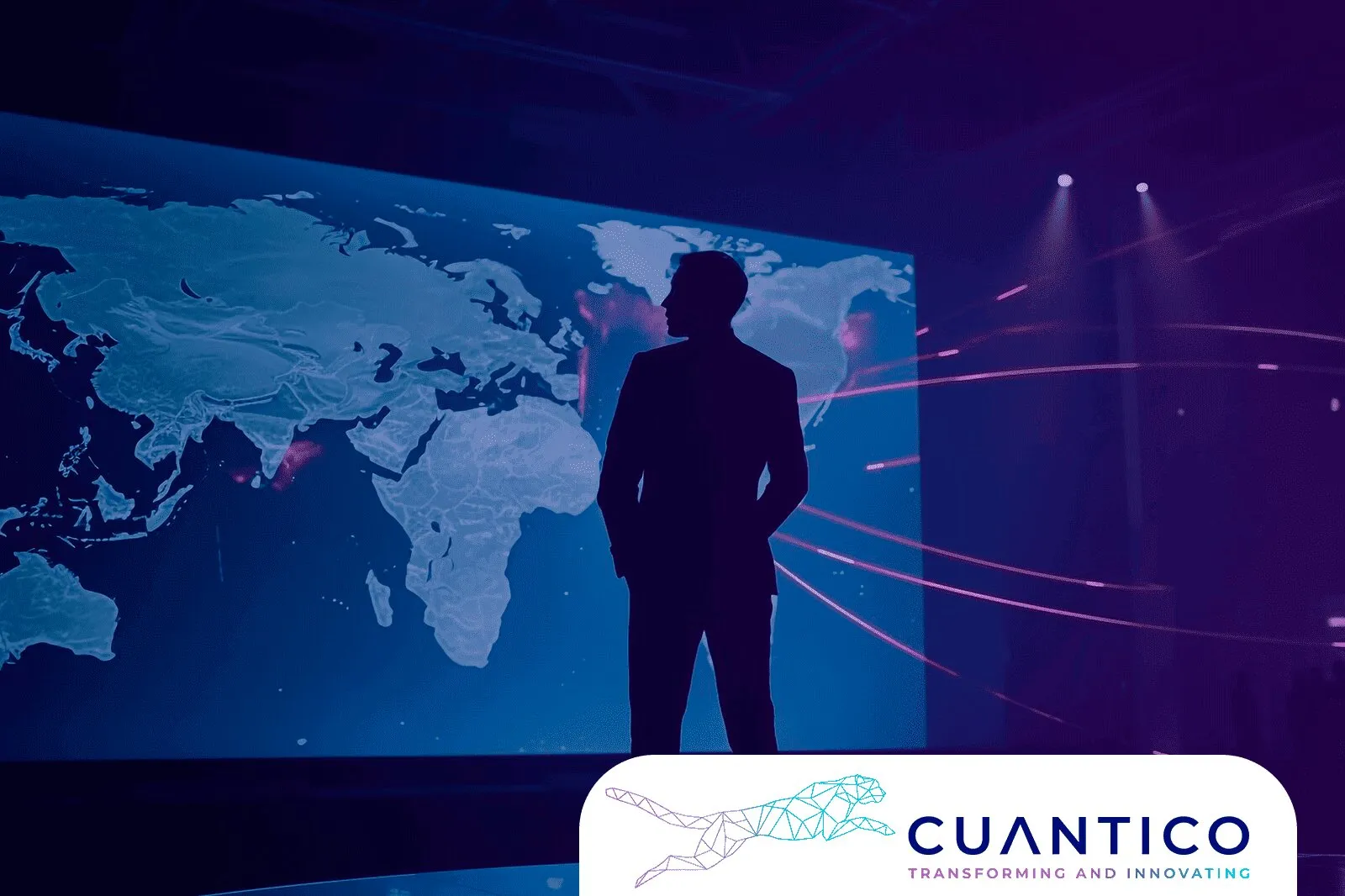 Visualización futurista de gobernanza digital global con Inteligencia Artificial en el contexto GovTech, marca CUANTICO.