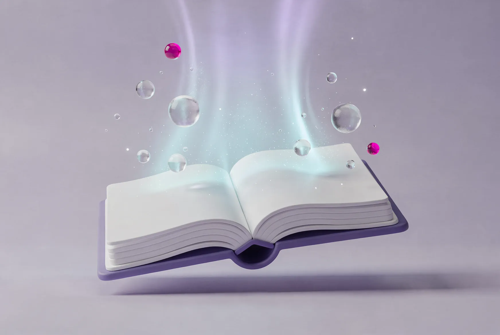 Un libro abierto del que suben esferas de vidrio y una luz suave