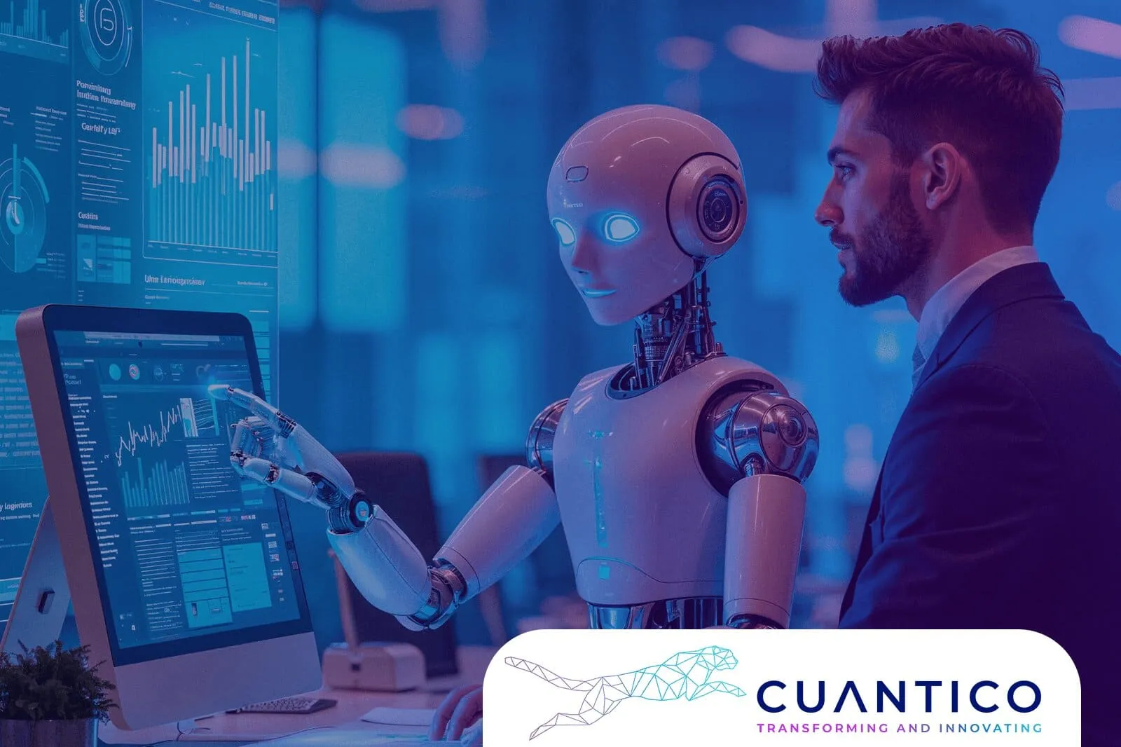 Robot colaborando con un analista de datos frente a pantallas con gráficos, simbolizando la interacción entre humanos e inteligencia artificial. Logo de CUANTICO