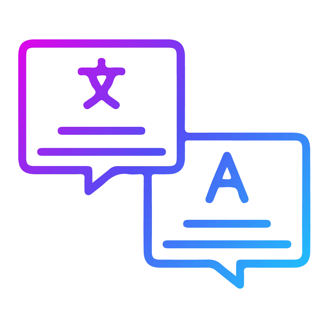 Íconos de traducción con burbujas de diálogo y caracteres multilingües, representando modelos de lenguaje y procesamiento de texto