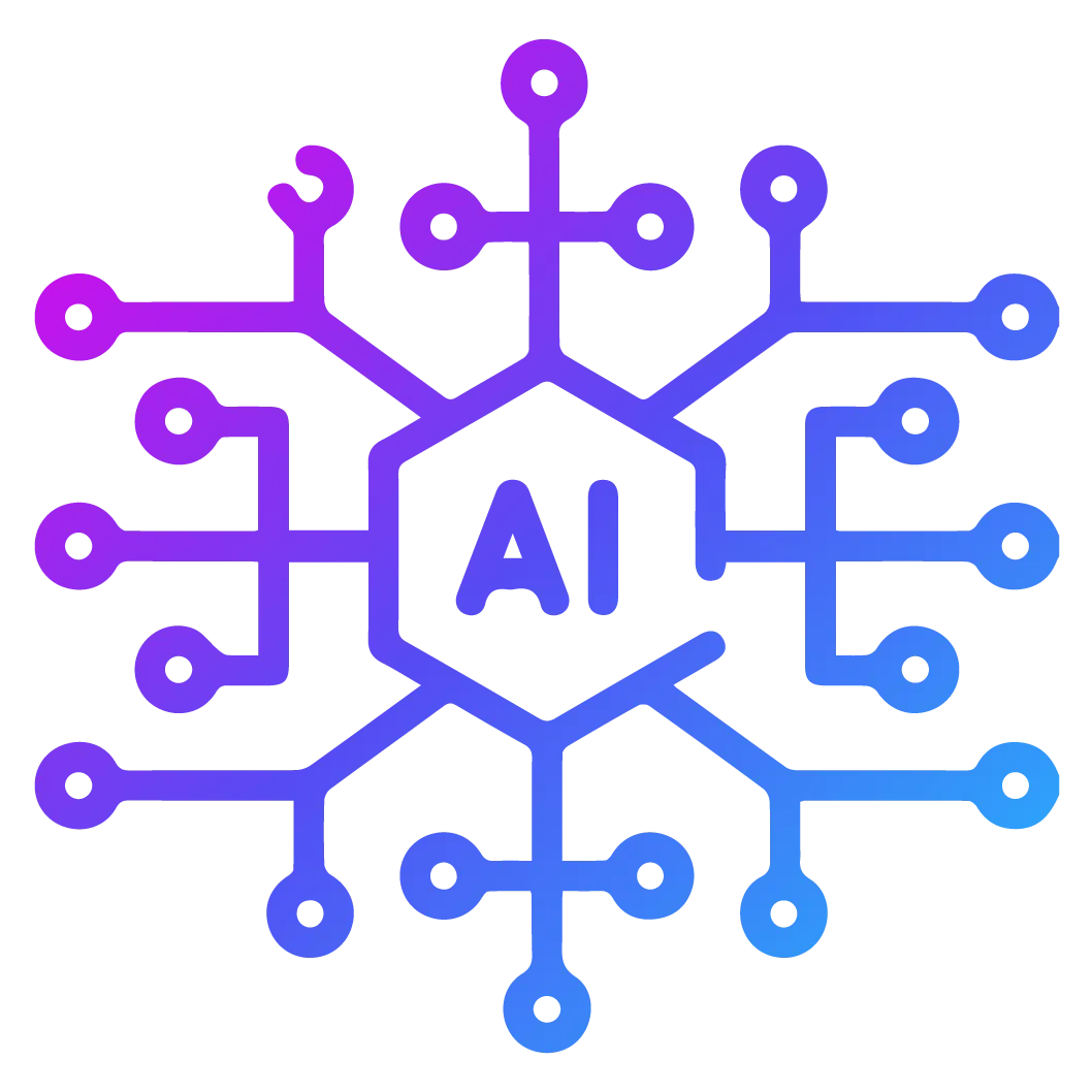 Ícono de inteligencia artificial con nodos conectados y chip central con letras AI, simbolizando redes neuronales y modelos eficientes