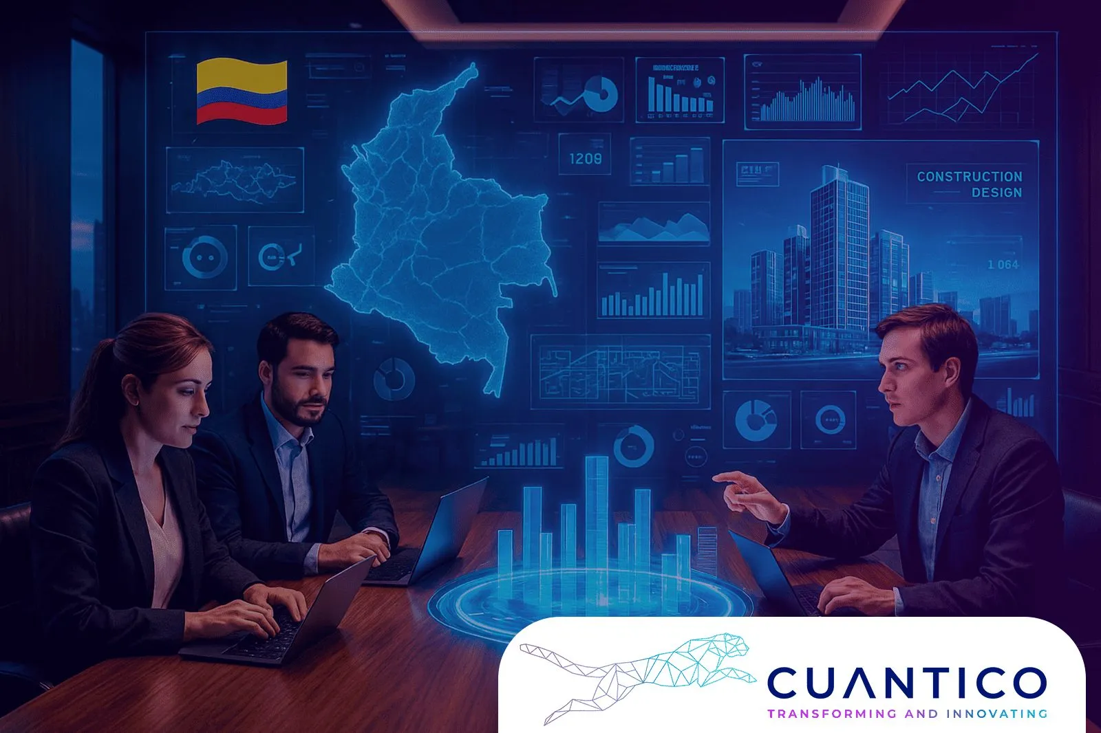 Equipo de analistas trabajando con datos del territorio colombiano aplicando innovación GovTech en Colombia
