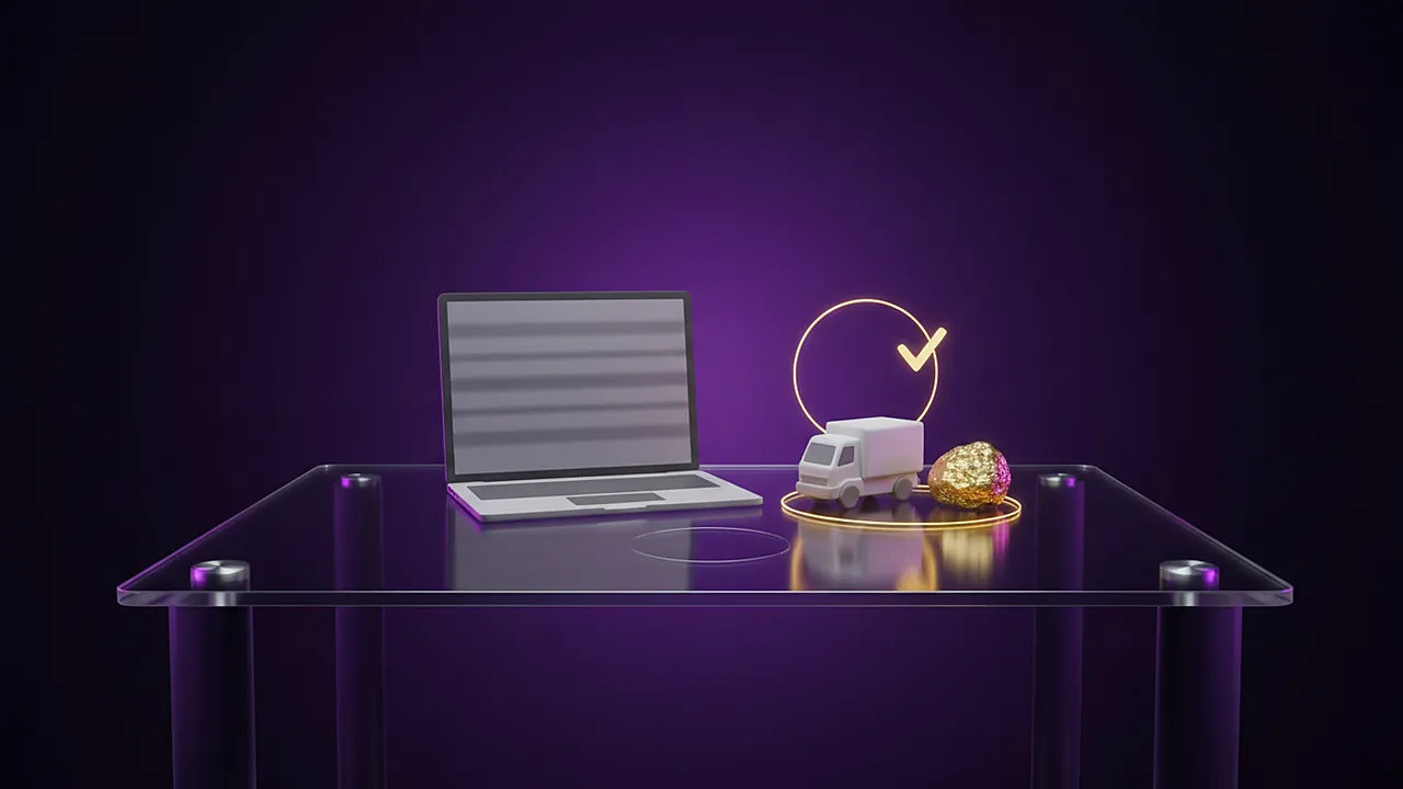 Escritorio con portátil, camión y pepita de oro dentro de un anillo dorado de verificación
