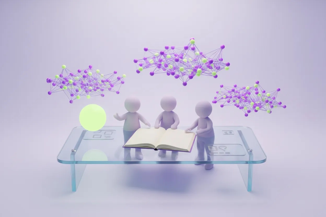 Figuras de arcilla trabajando juntas alrededor de un modelo de inteligencia artificial