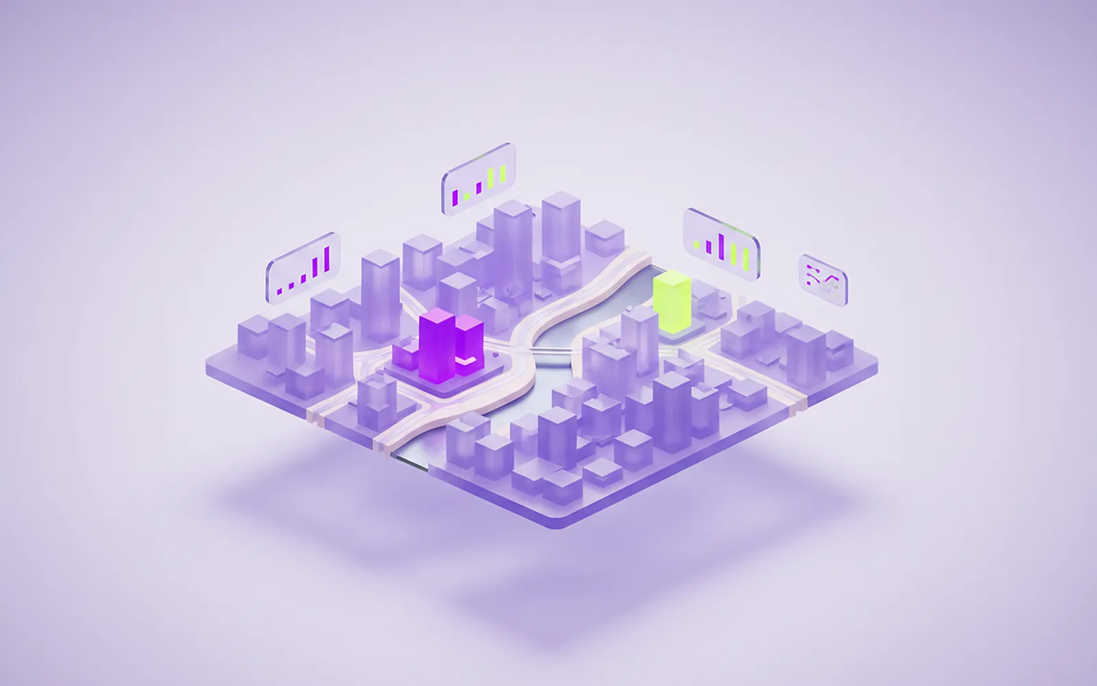 Mapa 3D de un municipio con zonas resaltadas y gráficos de datos por sector