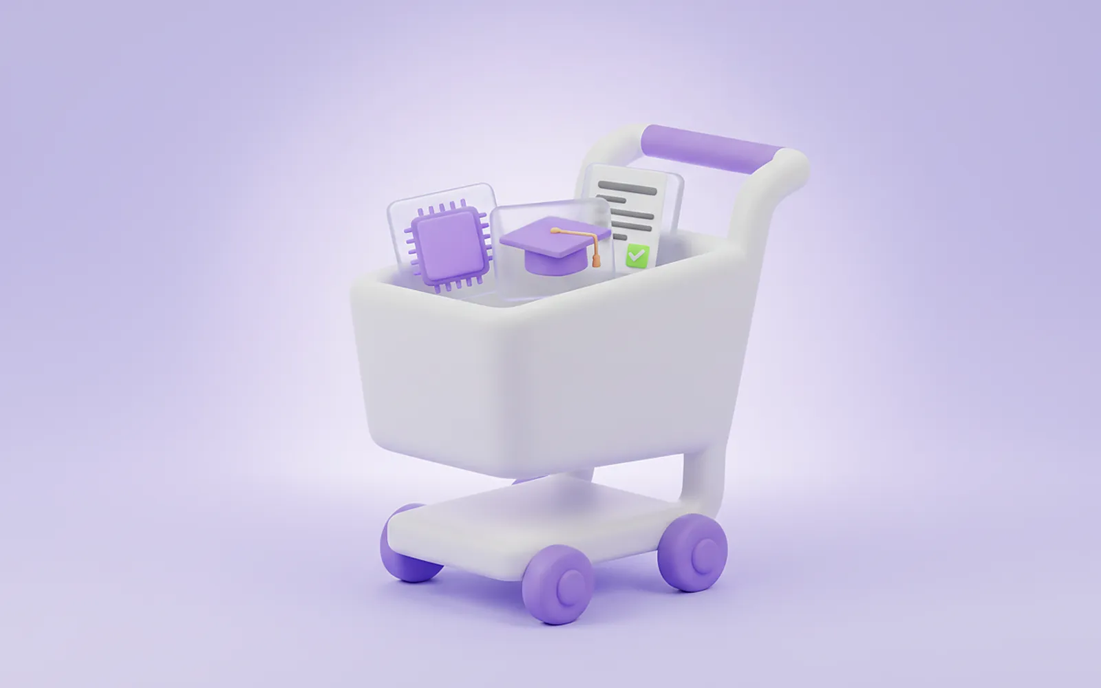 Carrito de compra con productos digitales: un chip de IA, un curso y un documento electrónico