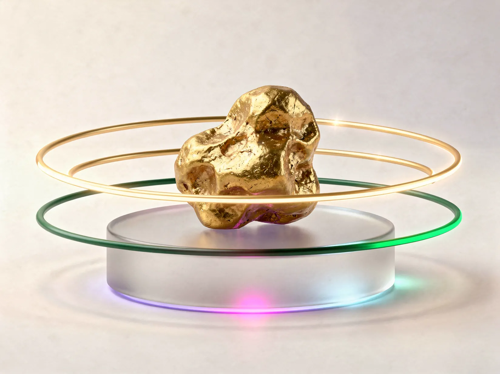Pepita de oro sobre una base de vidrio con anillos de luz