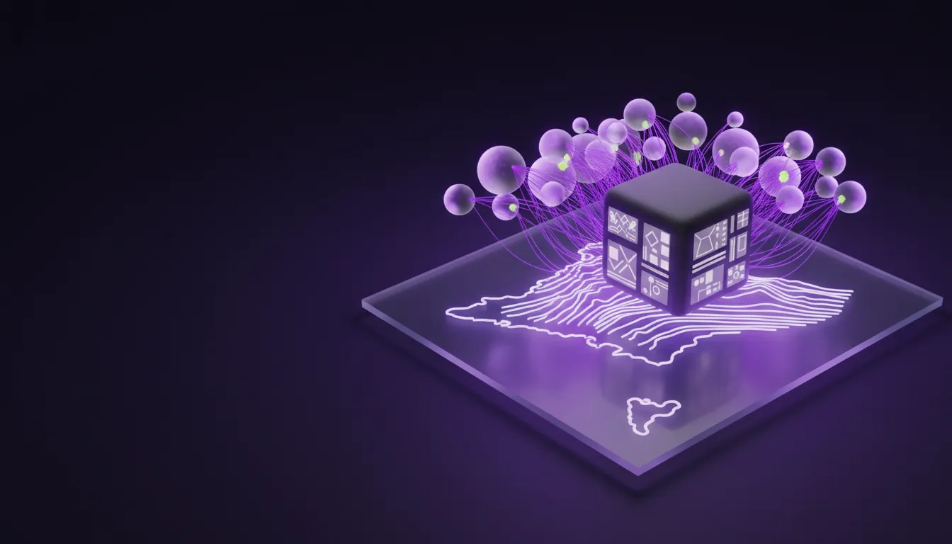 Office on a stylized coastline connected to a network of AI agents